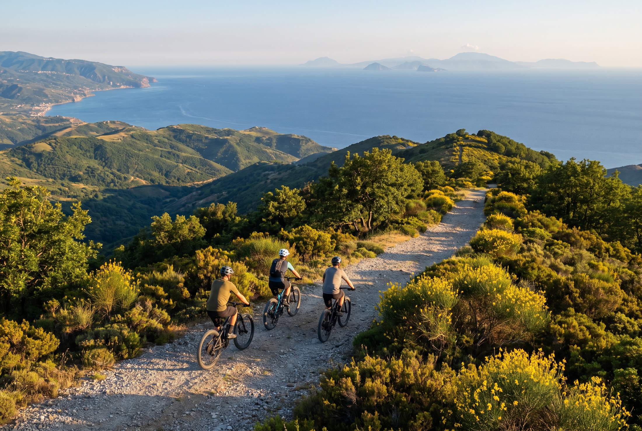 Ciclisti in e-bike su un sentiero dei Monti Peloritani con vista sul mare e sulle Isole Eolie